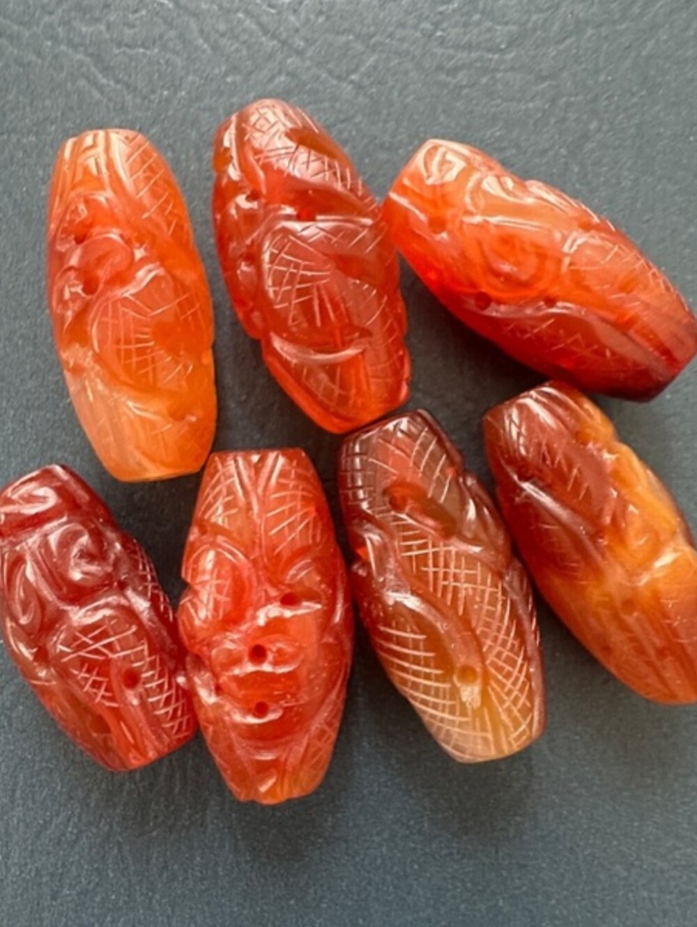Vintage Carved Carnelian Oval Beads Necklace Strand